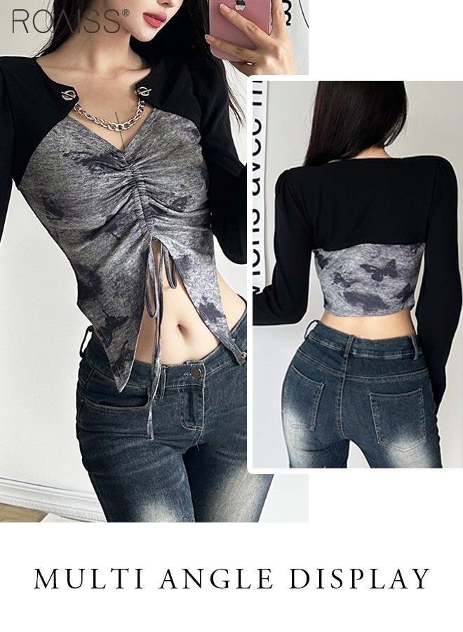 roaiss بلوزة عصرية من قماش مرقع للنساء متعددة الاستخدامات للتنقل اليومي، تي شيرت بحاشية غير منتظمة مع رباط قابل للتعديل، بلوفر يكشف عن منطقة البطن - Image 5